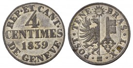 Genf 1839 4 Centimes in Billon HMZ 2-386a seltene Erhaltung
fast FDC