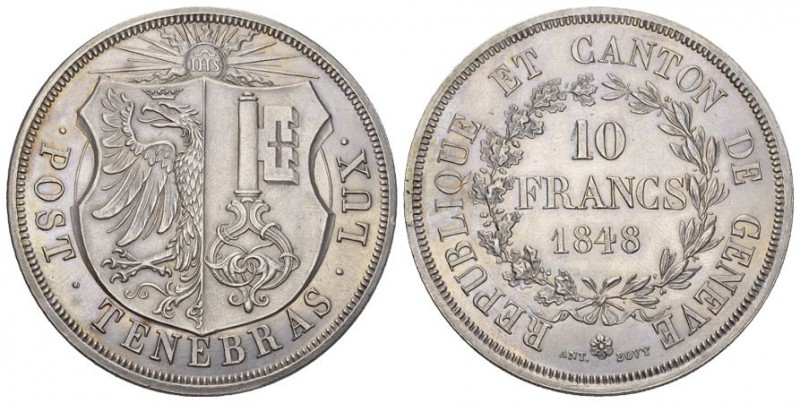 Genf, Stadt 10 Francs 1848. 52,10 g. D.T. 279a. HMZ 2-363a. Selten, nur 385 Exem...