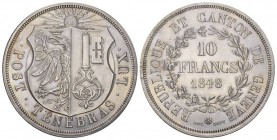 Genf, Stadt 10 Francs 1848. 52,10 g. D.T. 279a. HMZ 2-363a. Selten, nur 385 Exemplare 
geprägt vorzüglich bis unzirkuliert