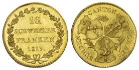 Graubünden, Kanton. 16 Franken (Duplone) 1813. 7.63 g. D.T. 177. HMZ 2-602a. Fr. 265. Sehr selten. Nur 100 Exemplare geprägt / Very rare. Only 100 pie...