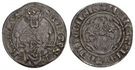 Zürich, Stadt . AR Plappart o.J. (1419) (25 mm, 2.42 g).Av. MONETA NO THVRICENSIS, Adler über Wappen in Bogeneinfassung. Rv. SANTTVS KAROLVS, Der thro...