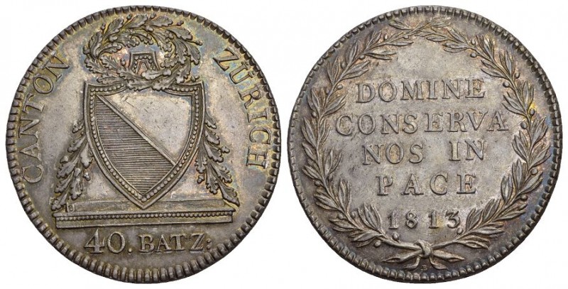 Zürich. AR 40 Batzen (Neutaler) 1813 (41 mm, 29.32 g), Laubrand.
Av. CANTON ZÜRI...