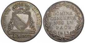 Zürich. AR 40 Batzen (Neutaler) 1813 (41 mm, 29.32 g), Laubrand.
Av. CANTON ZÜRICH, Girlandenverziertes Wappen, darunter Wertangabe 40. BATZ:
Rv. DOMI...