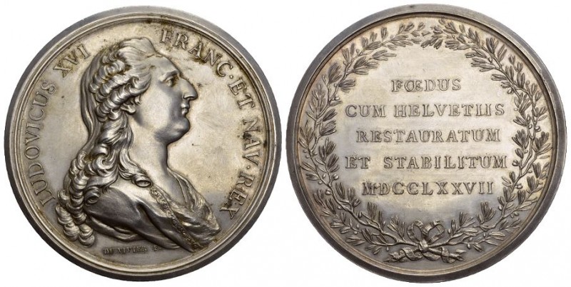 Schweiz 1777 Bündnismedaille mit Ludwig XVI in Silber 218g sehr selten SM 86 74m...