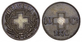 Schweiz 10 Rappen-Probe 1850 Schweizerkreuz in Strahlen, darunter Ähren- und Eichenzweig. // Schweizerkreuz zwischen Wertangabe, darunter die Jahresza...