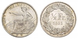 Eidgenossenschaft 1/2 Franken 1851, Paris. Divo 14, Hofer 55, D./T. 308, 
HMZ 1226. 2.51 g. FDC