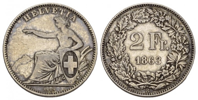 Eidgenossenschaft. 2 Franken 1863 B, Bern. 10.01 g. Divo 32. HMZ 2-1201e 
sehr s...