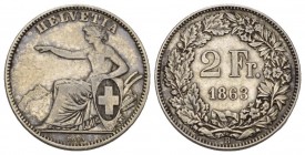 Eidgenossenschaft. 2 Franken 1863 B, Bern. 10.01 g. Divo 32. HMZ 2-1201e 
sehr schön
