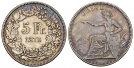 Eidgenossenschaft. 5 Franken 1873 B, Bern. 25.05 g. Divo 43. HMZ 2-1197c. Sehr selten in dieser Erhaltung / Very rare in this condition. Prachtvolle E...