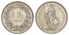 Eidgenossenschaft 1 Franken 1875 B, Bern. Divo 51, HMZ 2­1204a.
Selten in dieser Erhaltung. Fein getöntes Prachtexemplar in fast unzirkuliert