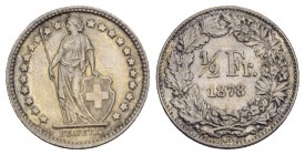 Eidgenossenschaft 1/2 Franken 1878 B, Bern. HMZ 2-1206c. Selten in dieser Erhaltung.
Vorzüglich+