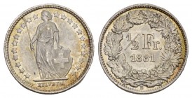 Eidgenossenschaft ½ Franken 1881. 2.49 g. Divo 77. HMZ 2-1206e. 
bis unzirkuliert