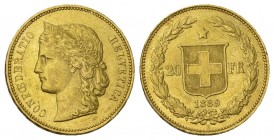 Schweiz Helvetia 1889 Abart 20 Franken Gold 6.45g DOMINUS 3 Sterne ü-Kopf Ri: B 4 sehr schön +