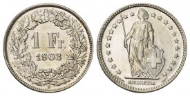 Eidgenossenschaft 1 Franken 1903 B, Bern. Divo 204, HMZ 2-1204m.
Unzirkuliert