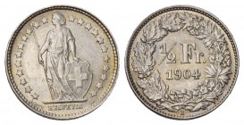 Eidgenossenschaft. 1/2 Franken 1904 B, Bern. 2.49 g. Divo 215. HMZ 2-1206n. Selten in dieser Erhaltung / Rare in this condition. Vorzüglich-FDC