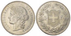 Eidgenossenschaft. AR 5 Franken 1907 B (25.03 g), Mzst. Bern.
HMZ 2-1198k. vorzüglich bis unzirkuliert