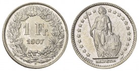 Eingenossenschaft 1 Franken 1907 B, Bern. Divo 238, HMZ 2­1204q.
Unzirkuliert ­ FDC