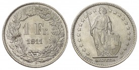 Eidgenossenschaft 1 Franken 1911 B, Bern. Divo 275, HMZ 2-1204u,Prachtexemplar in FDC