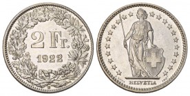 Eidgenossenschaft 2 Franken 1922 B, Bern. Divo 351, HMZ 2-1202x.
Unzirkuliert