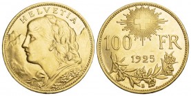 Schweiz, Eidgenossenschaft. AV 100 Franken 1925 (32.28 g), Münzstätte Bern.
Friedb. 502, Divo 359, HMZ 2-1193. Nur 5'000 Exemplare geprägt. unzirkuli...