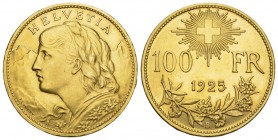 Schweiz, Eidgenossenschaft. AV 100 Franken 1925 (32.28 g), Münzstätte Bern.
Friedb. 502, Divo 359, HMZ 2-1193. Nur 5'000 Exemplare geprägt. 
Prachte...