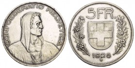 Eidgenossenschaft 5 Franken 1928 B, Bern. Brustbild eines Alphirten mit Kapuze nach rechts, unten links Künstlername P. BVRKHARD // Wappenschild mit b...