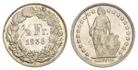 Eidgenossenschaft 1/2 Franken 1936 B, Bern HMZ 2-1206ee, K./M. 23. 
Unzirkuliert