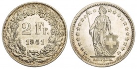 Eidgenossenschaft 2 Franken 1941. 9.95 g. Divo 470. HMZ 2-1202ff. 
Erstabschlag. FDC