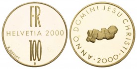 Schweiz, Eidgenossenschaft. AV 100 Franken 2000 (11.29 g). 2000 Jahre Christentum.
KM 96.in Originalbox mit Zertifikat. Polierte Platte.