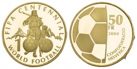 Gedenkmünzen. 50 Franken 2004 B, Bern. FIFA Centennial. 11.28 g. HMZ 2-1219h. In Originalschachtel / In original box. Polierte Platte. FDC / Choice Pr...