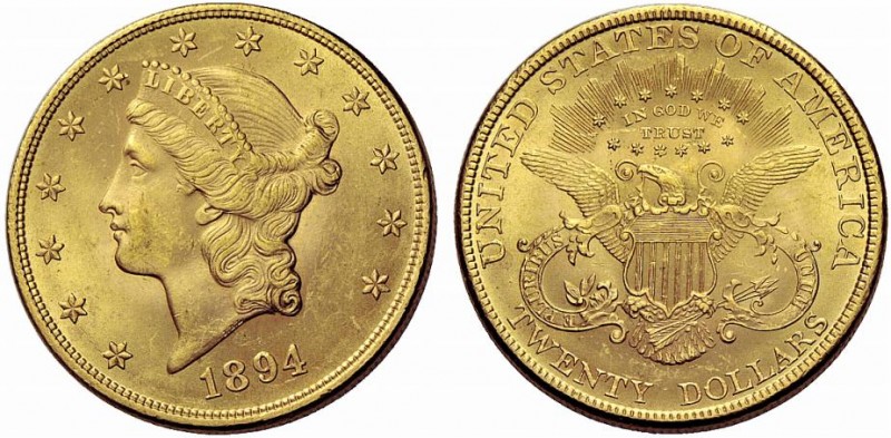 USA 1894 20 Dolalr Gold 33.4g selten UNZ Detail Berieben unzirkuliert