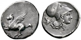 Korinthia
Korinthos. Stater 375-300 v. Chr. Pegasus nach links fliegend / Kopf der Athena mit korinthischem Helm nach rechts, dahinter Beizeichen hal...