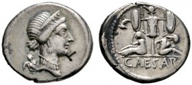 Imperatorische Prägungen
Julius Caesar †44 v. Chr.
Denar 46-45 v. Chr. -Heeresmünzstätte in Spanien-. Venusbüste nach rechts, davor Lituus, dahinter...