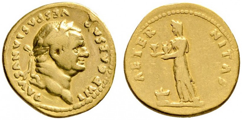 Kaiserzeit
Vespasianus 69-79
Aureus 75/79 -Rom-. IMP CAESAR VESPASIANVS AVG. B...