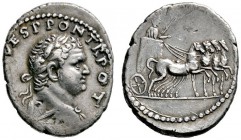 Kaiserzeit
Titus 69-81 (ab 79 Augustus)
Denar (als Caesar) 72/73 -Antiochia-. T CAES IMP VESP PON TR POT. Belorbeerte Büste nach rechts / Kaiser mit...