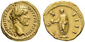 Kaiserzeit
Antoninus Pius 138-161
Aureus 154/155 -Rom-. ANTONINVS AVG PIVS P P TR P XVIII. Belorbeerte Büste nach rechts / COS IIII. Kaiser nach lin...