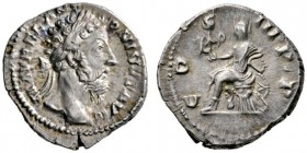 Kaiserzeit
Marcus Aurelius 161-180
Denar 176/180 -Rom-. M AVREL ANTONINVS AVG. Belorbeerte Büste nach rechts / COS III P P. Roma mit Parazonium und ...