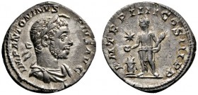 Kaiserzeit
Elagabalus 218-222
Denar 221 -Rom-. IMP ANTONINVS PIVS AVG. Belorbeerte und drapierte Panzerbüste nach rechts, oben am Kopf ein "Horn" / ...