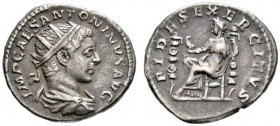 Kaiserzeit
Elagabalus 218-222
Antoninian -Rom-. IMP CAES ANTONINVS AVG. Drapierte Büste mit Strahlenkrone nach rechts / FIDES EXERCITVS. Fides nach ...