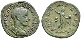 Kaiserzeit
Gordianus III. 238-244
Sesterz 240 -Rom-. IMP GORDIANVS PIVS FEL AVG. Belorbeerte und drapierte Büste nach rechts / AETERNITATI AVG. Aete...