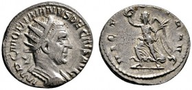 Kaiserzeit
Traianus Decius 249-251
Antoninian 250 -Rom-. IMP C M Q TRAIANVS DECIVS AVG. Belorbeerte Panzerbüste mit Strahlenkrone nach rechts / VICT...