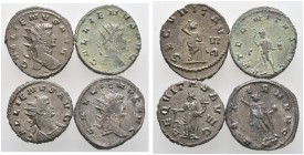 Kaiserzeit
Gallienus 253-268
Lot (4 Stücke): Antoniniane -Rom- bzw. -Mailand-. Drapierte Büste mit Strahlenkrone nach rechts / Aequitas nach rechts ...