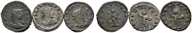 Kaiserzeit
Gallienus 253-268
Lot (3 Stücke): Antoniniane -Antiochia-. Drapierte Büste mit Strahlenkrone nach rechts / Aequitas nach links stehend (R...