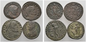 Kaiserzeit
Licinius I. 308-324
Lot (4 Stücke): Folles. Belorbeerte Panzerbüste nach rechts / Sol nach links stehend (-Rom- RIC 23, 3,62 g); Belorbee...