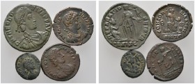 Kaiserzeit
Theodosius I. 379-395
Lot (4 Stücke): Bronzemünzen (diverse Größen). Panzerbüste mit Diadem nach rechts / Kaiser mit Victoriola vor knien...