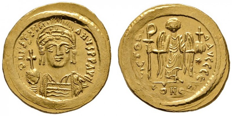 Justinianus I. 527-565
Solidus 542/565 -Constantinopolis-. 5. Offizin. Behelmte...