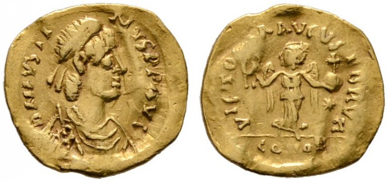Justinianus I. 527-565
Tremissis -Constantinopolis-. Drapierte Büste mit Perldi...