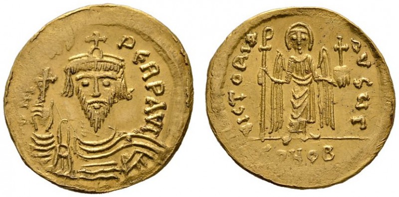 Phocas 602-610
Solidus 603/607 -Constantinopolis-. 3. Offizin. Gepanzerte Büste...