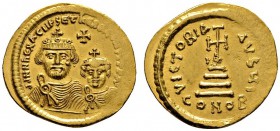 Heraclius mit Heraclius Constantinus 613-641
Solidus 613/616 -Constantinopolis-. 10. Offizin. Beide gekrönte Büsten von vorn / Stufenkreuz. MIB 8a, S...