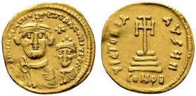 Heraclius mit Heraclius Constantinus 613-641
Solidus 616/625 -Constantinopolis-. 9. Offizin. Beide gekrönte Büsten von vorn / Stufenkreuz. MIB 11, So...